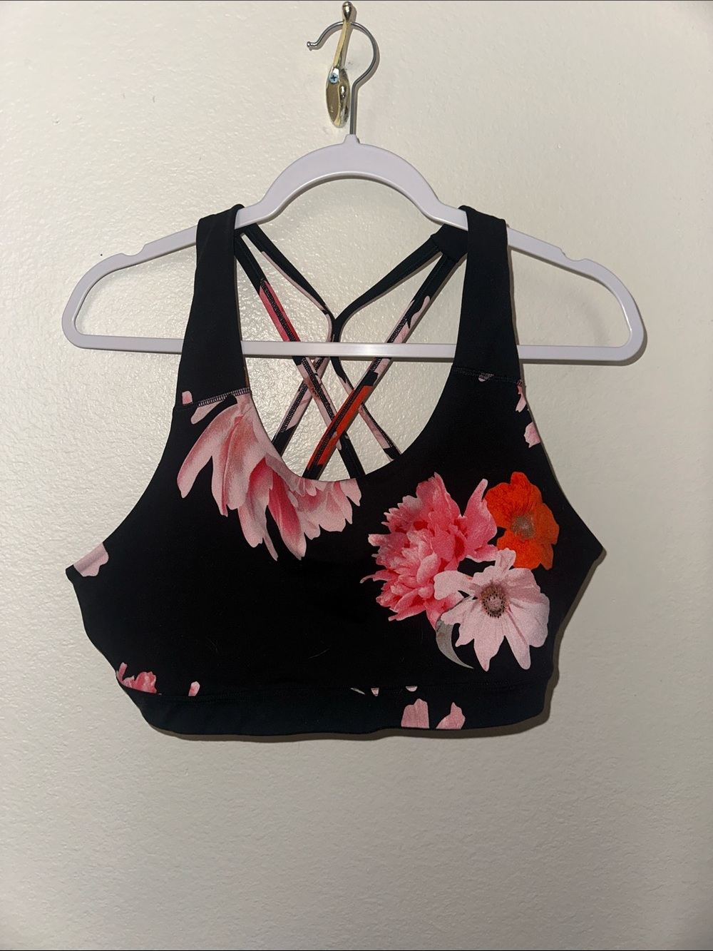 Floral Strappy Black & Pink Sports Bra